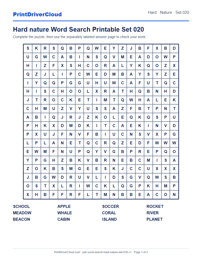 Preview of Hard nature Word Search Printable Set 020