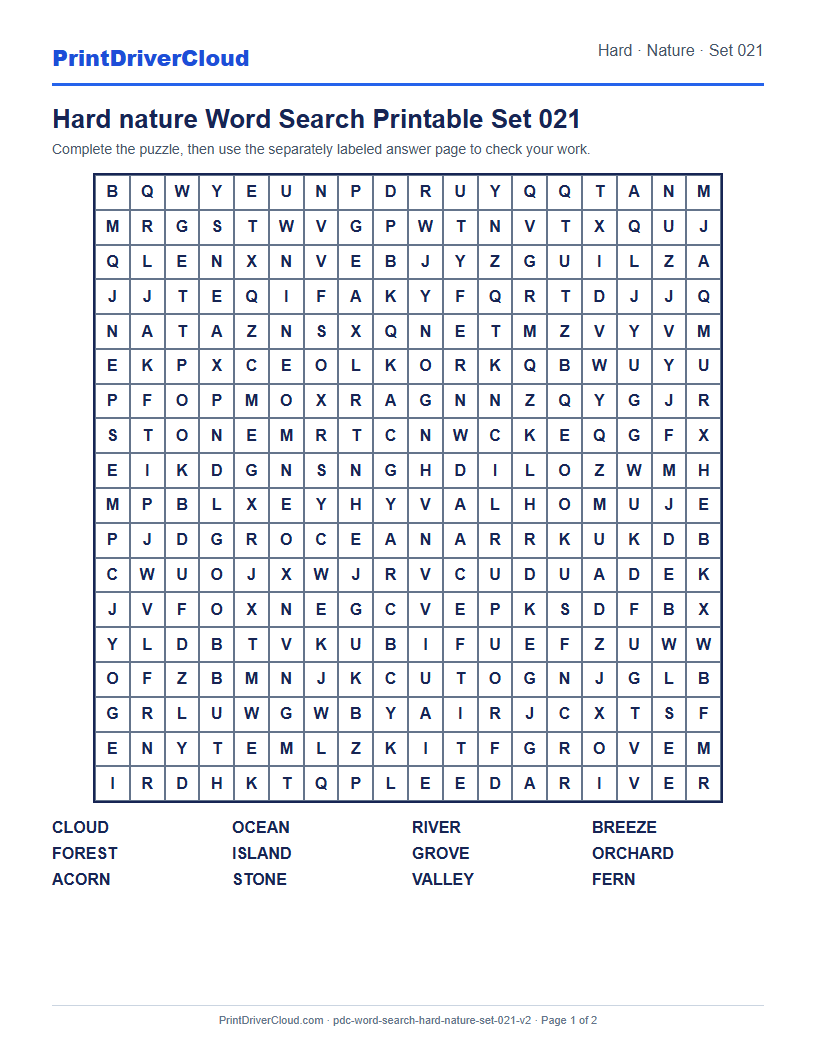 Hard Nature Word Search Printable Set 021 preview