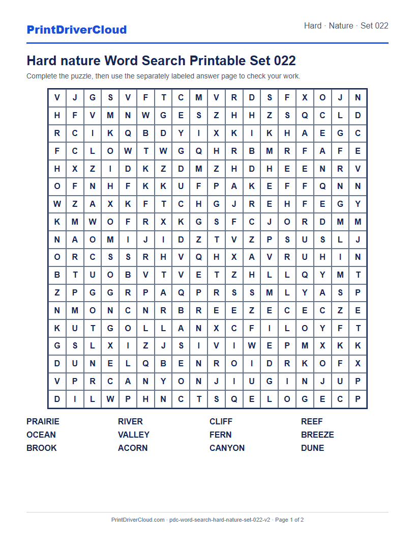 Hard Nature Word Search Printable Set 022 preview