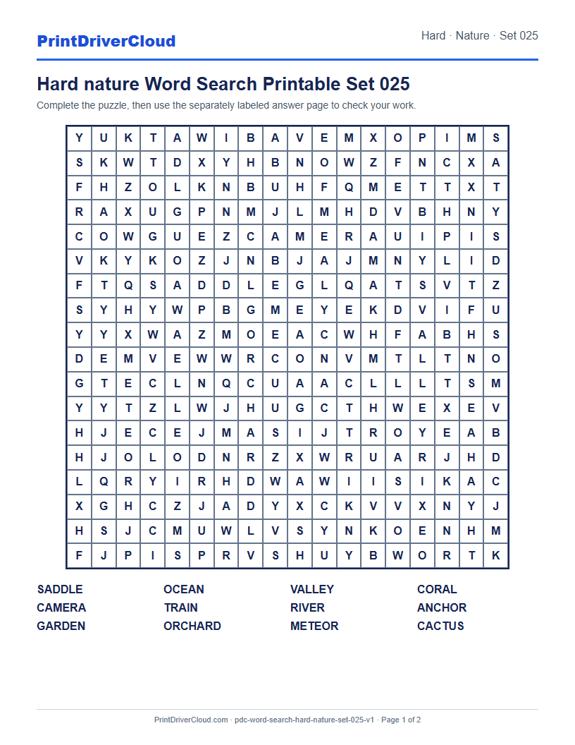Preview of Hard nature Word Search Printable Set 025