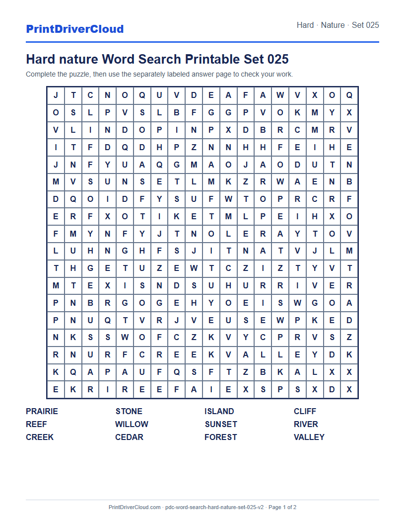 Hard Nature Word Search Printable Set 025 preview
