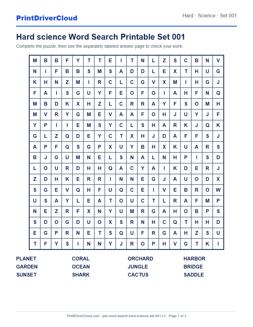 Preview of Hard science Word Search Printable Set 001