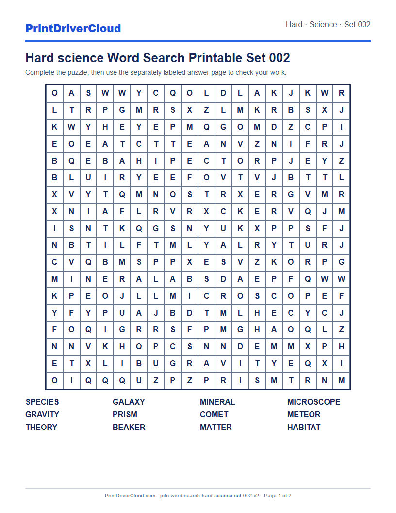 Hard Science Word Search Printable Set 002 preview