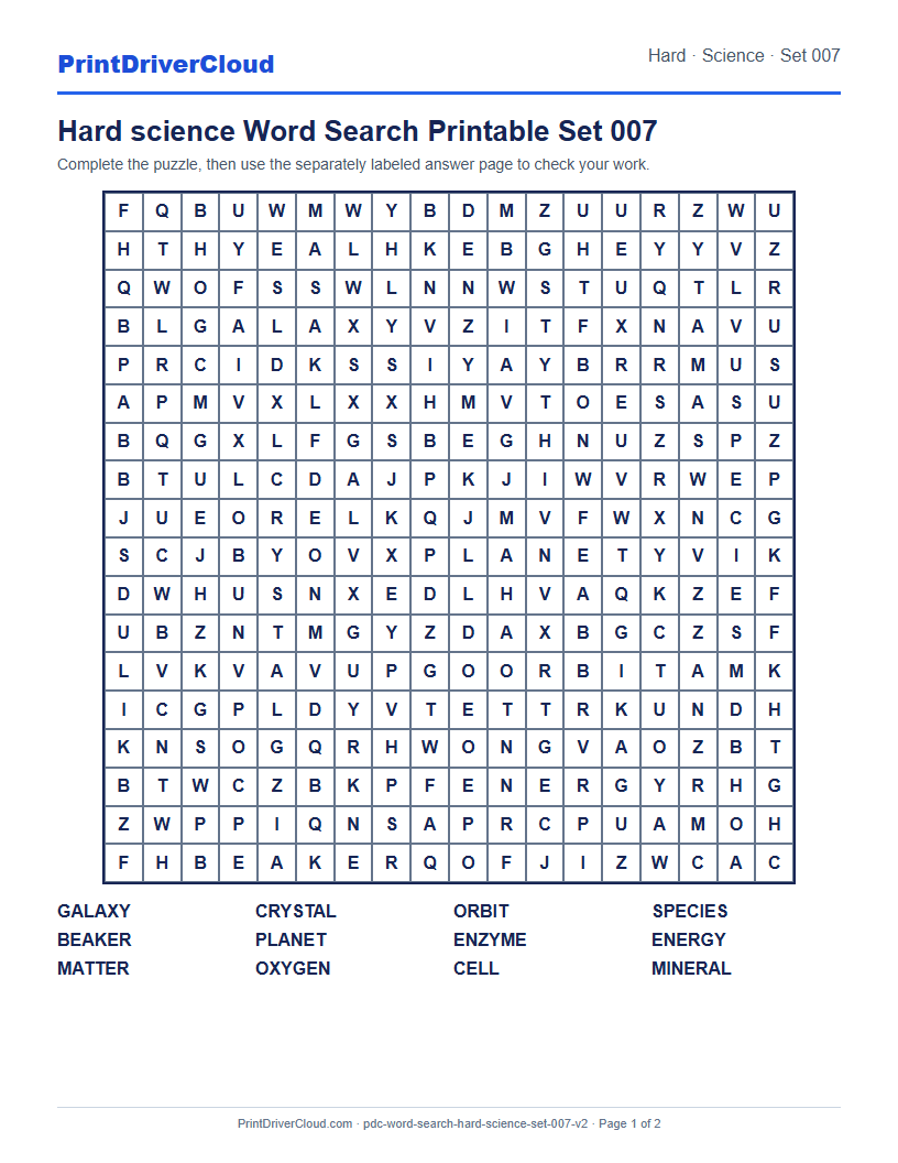 Hard Science Word Search Printable Set 007 preview