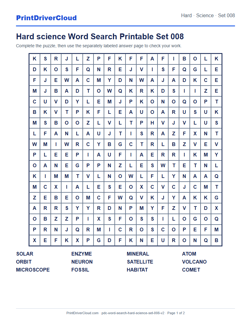 Hard Science Word Search Printable Set 008 preview