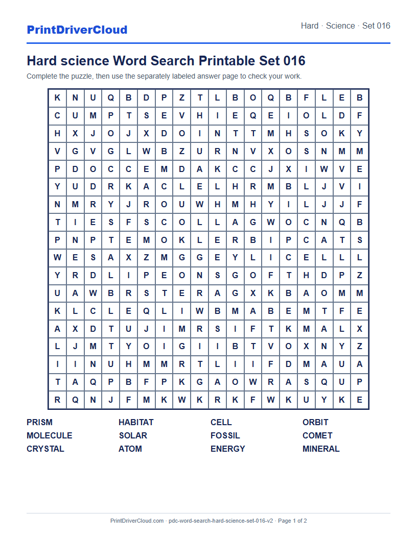 Hard Science Word Search Printable Set 016 preview