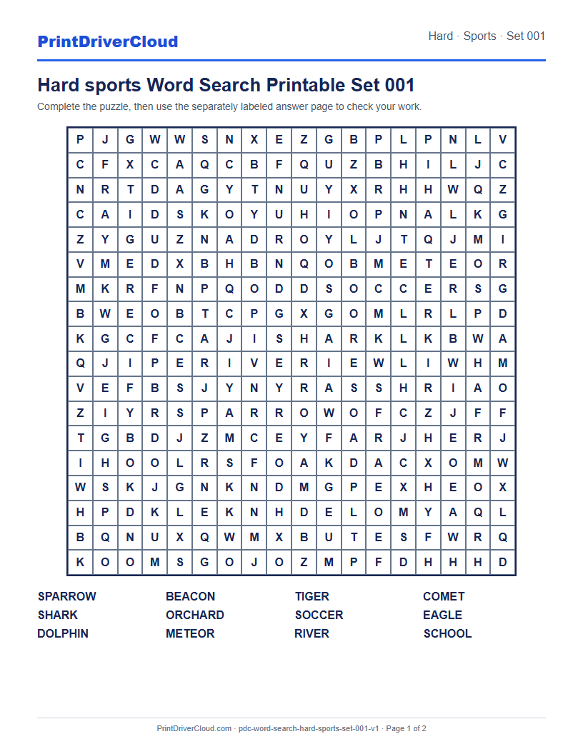 Preview of Hard sports Word Search Printable Set 001