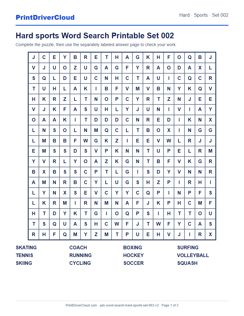 Hard Sports Word Search Printable Set 002 preview