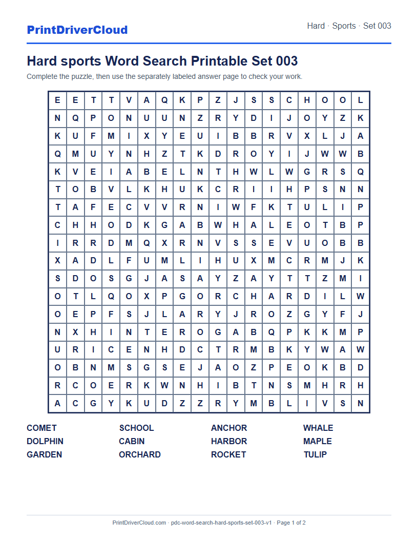 Preview of Hard sports Word Search Printable Set 003