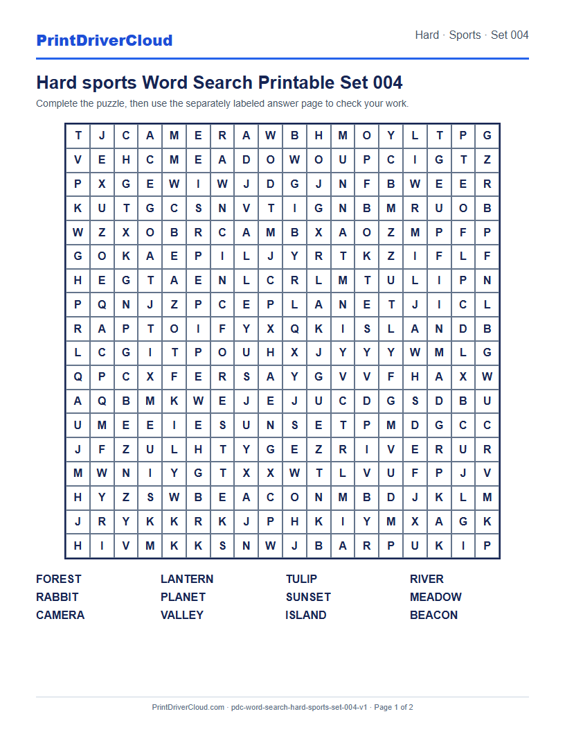 Preview of Hard sports Word Search Printable Set 004