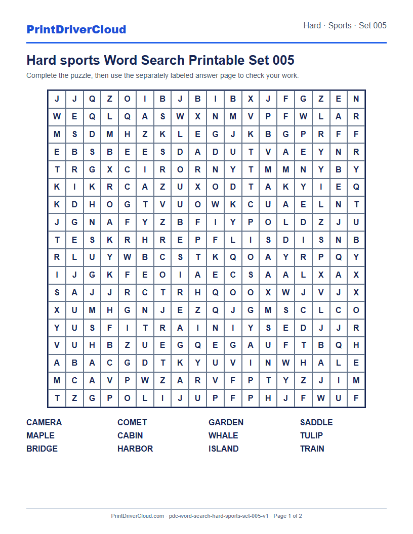 Preview of Hard sports Word Search Printable Set 005