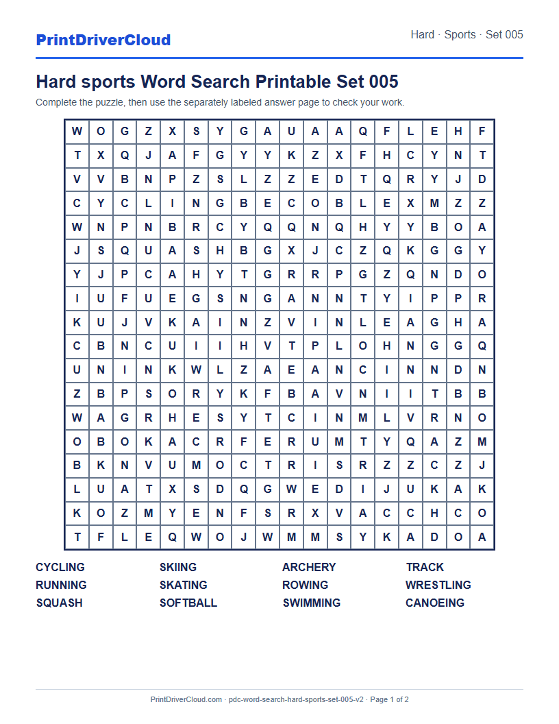 Hard Sports Word Search Printable Set 005 preview