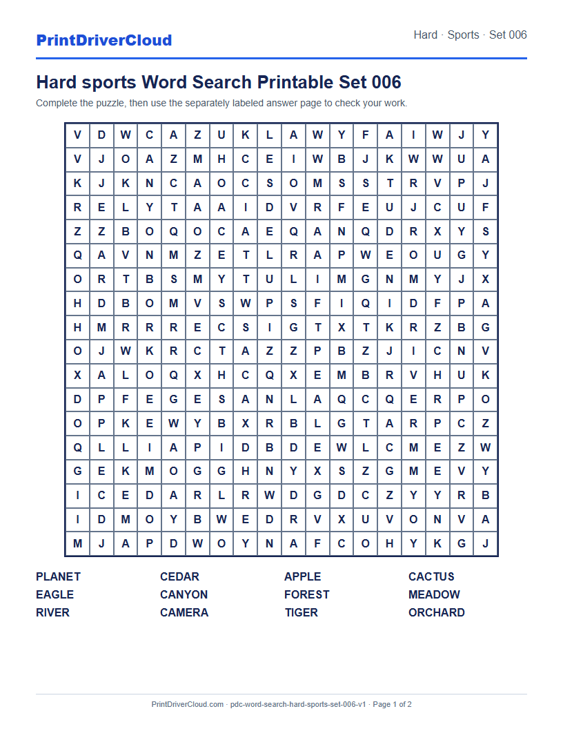 Preview of Hard sports Word Search Printable Set 006