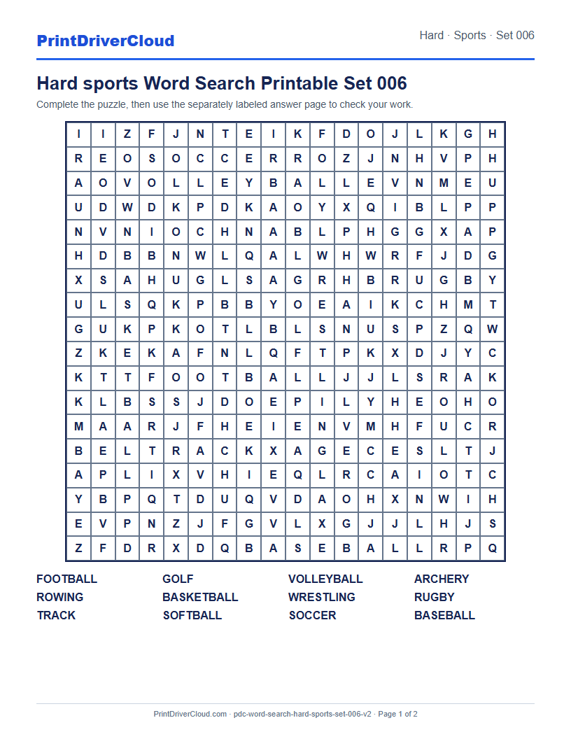 Hard Sports Word Search Printable Set 006 preview