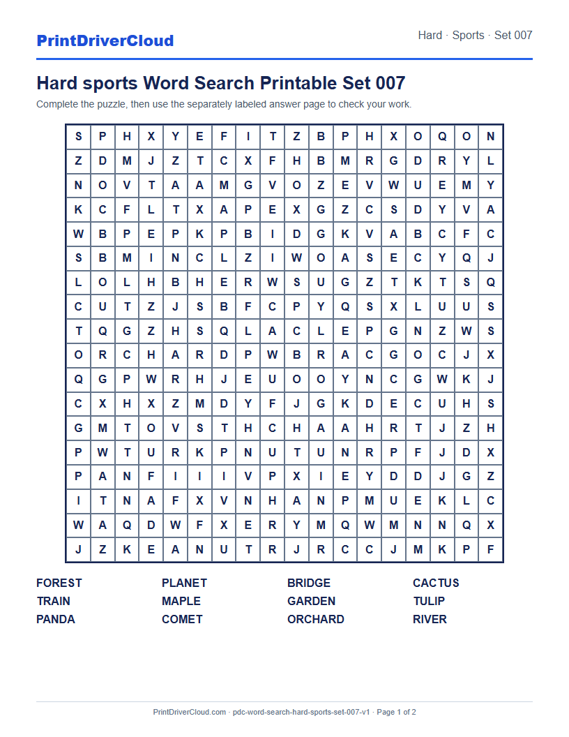 Preview of Hard sports Word Search Printable Set 007