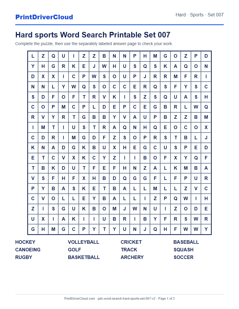Hard Sports Word Search Printable Set 007 preview