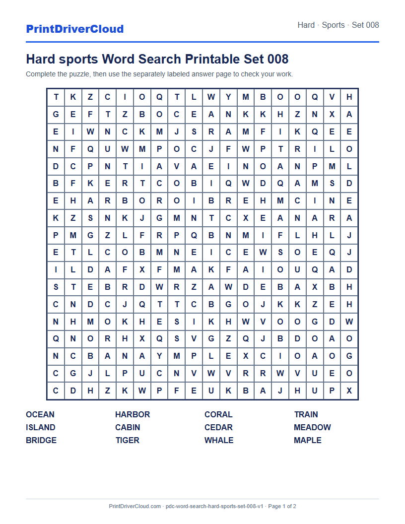 Preview of Hard sports Word Search Printable Set 008