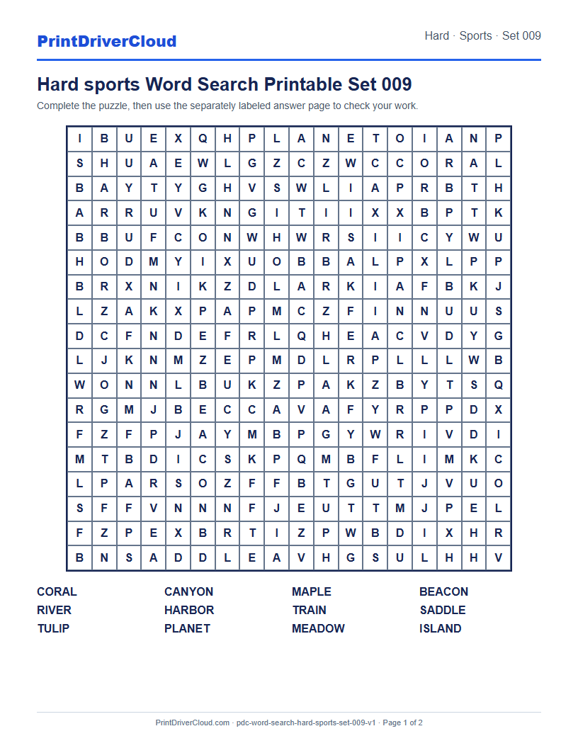 Preview of Hard sports Word Search Printable Set 009