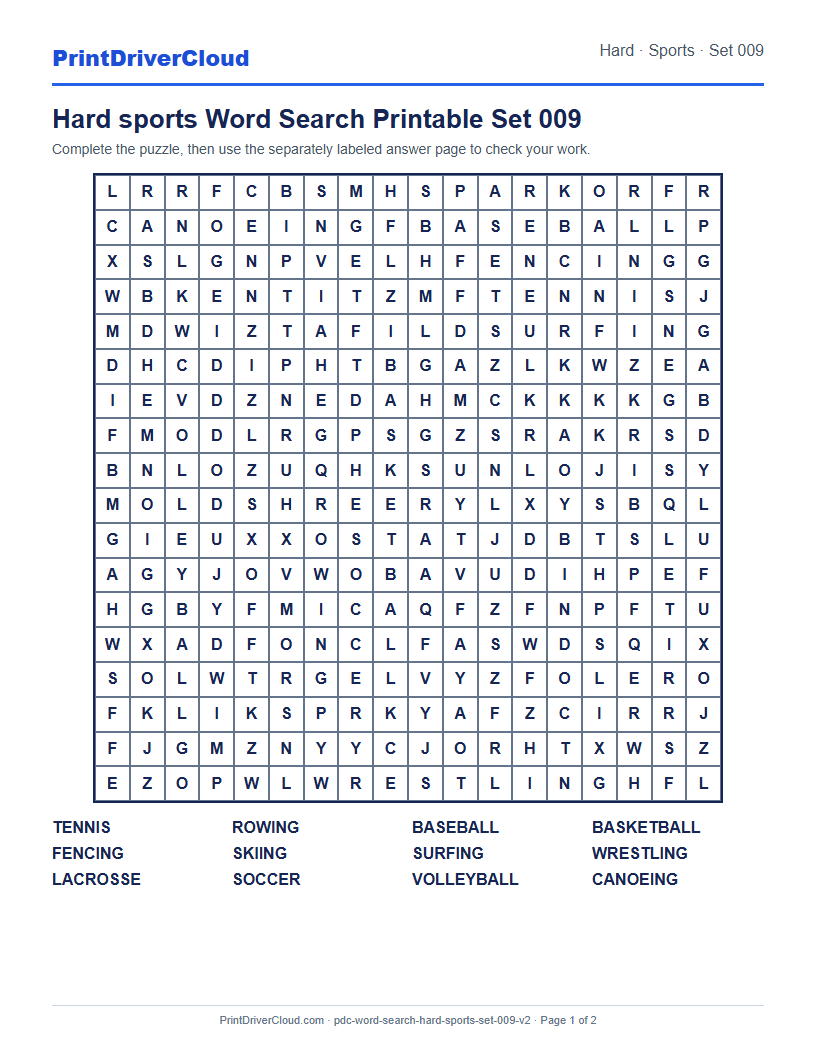 Hard Sports Word Search Printable Set 009 preview