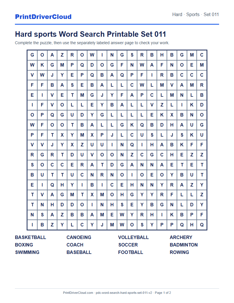 Hard Sports Word Search Printable Set 011 preview