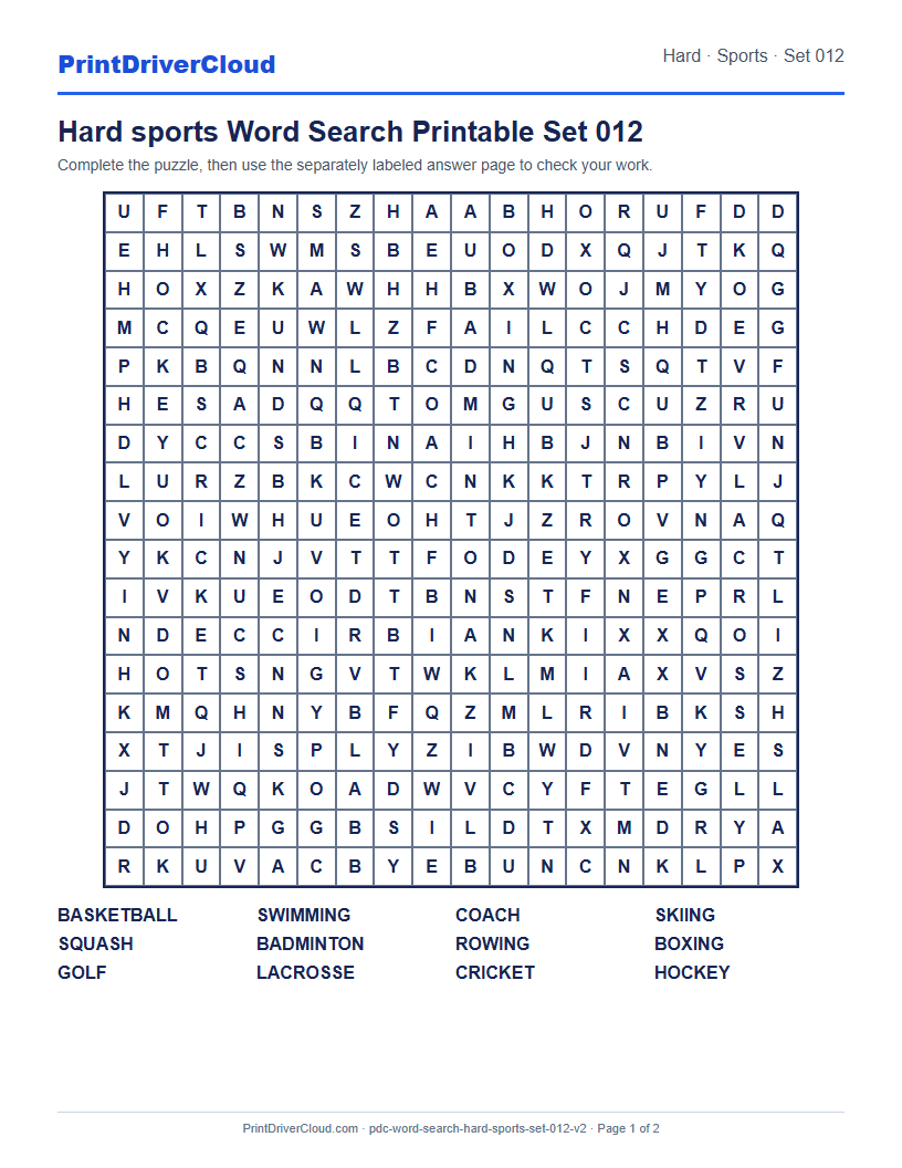 Hard Sports Word Search Printable Set 012 preview