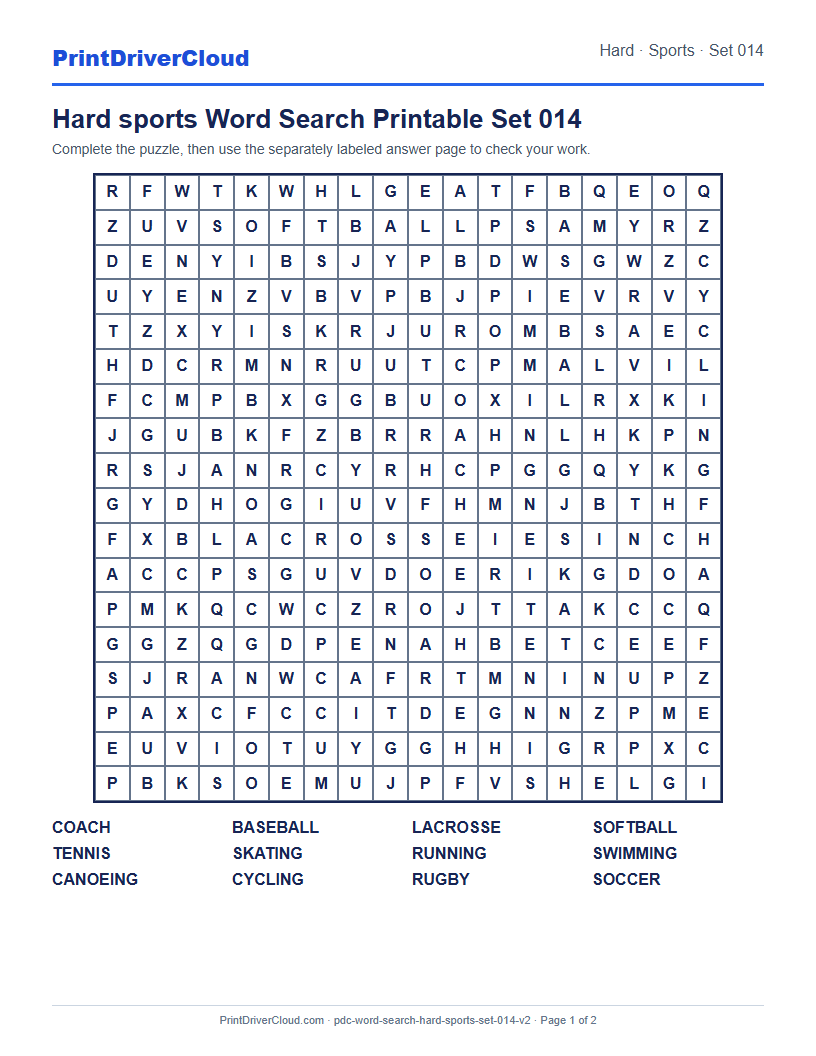 Hard Sports Word Search Printable Set 014 preview