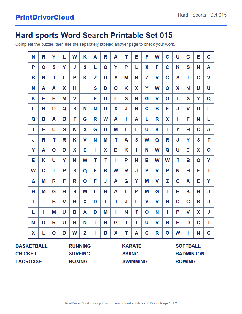 Hard Sports Word Search Printable Set 015 preview