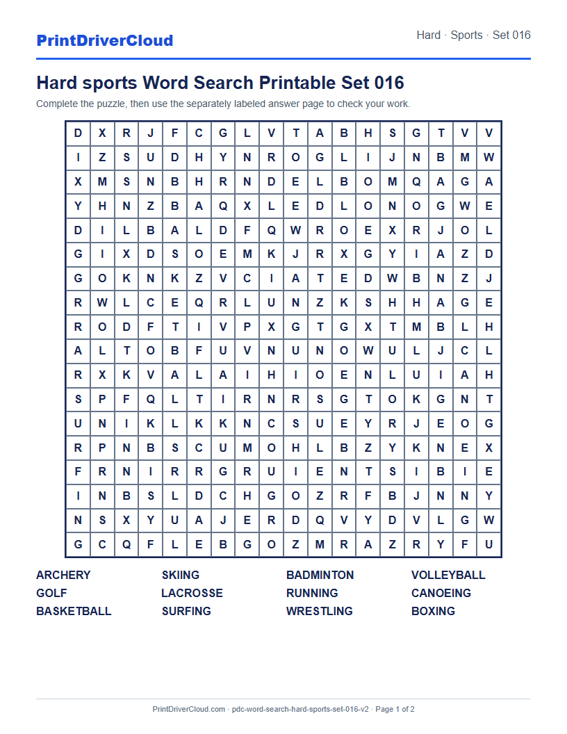 Hard Sports Word Search Printable Set 016 preview