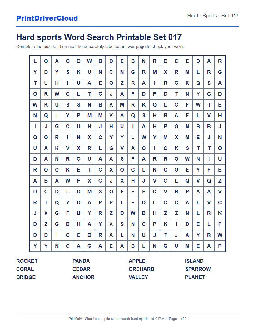 Preview of Hard sports Word Search Printable Set 017
