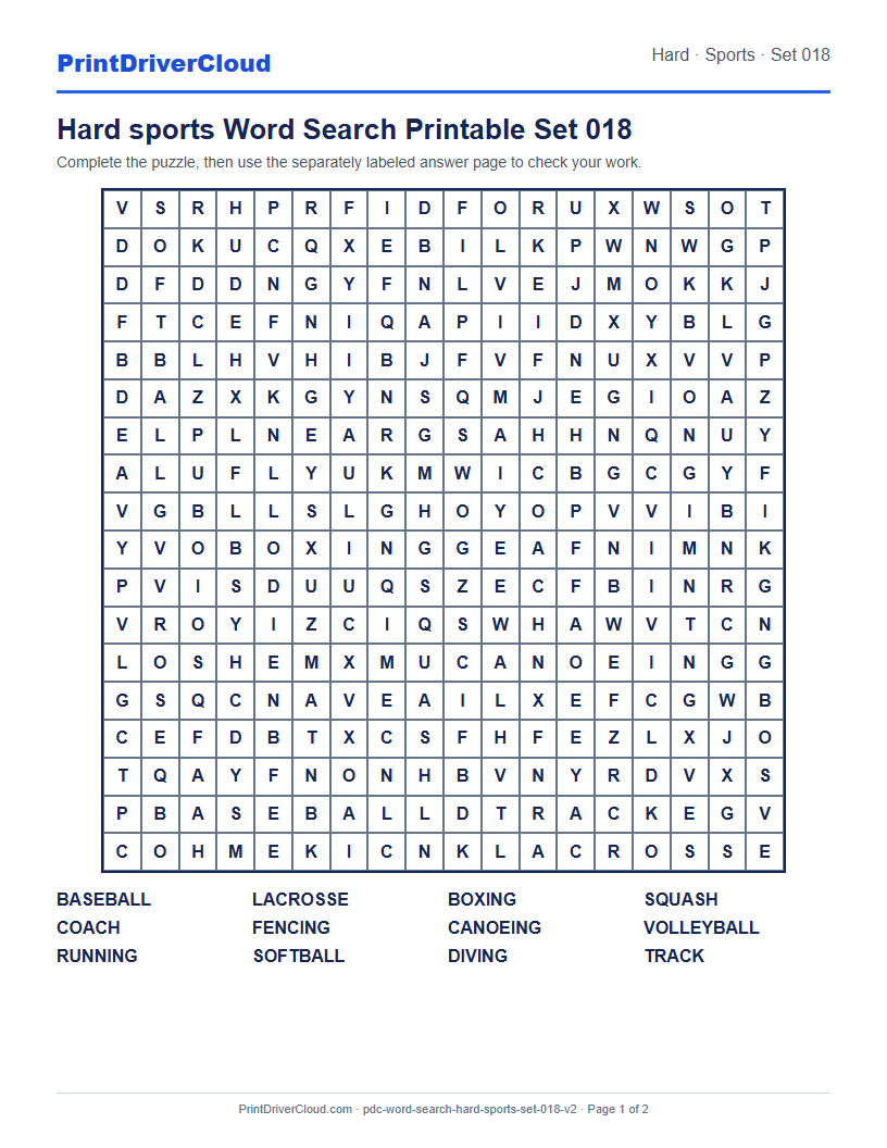 Hard Sports Word Search Printable Set 018 preview