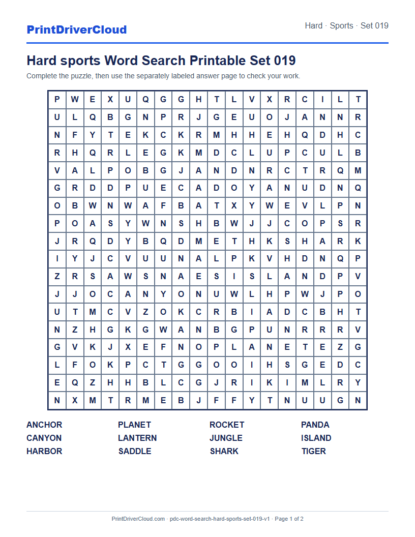 Preview of Hard sports Word Search Printable Set 019