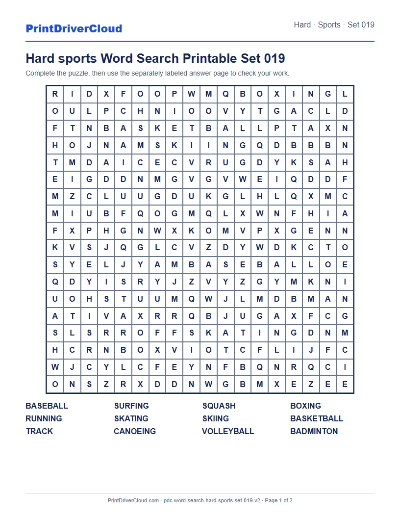 Hard Sports Word Search Printable Set 019 preview