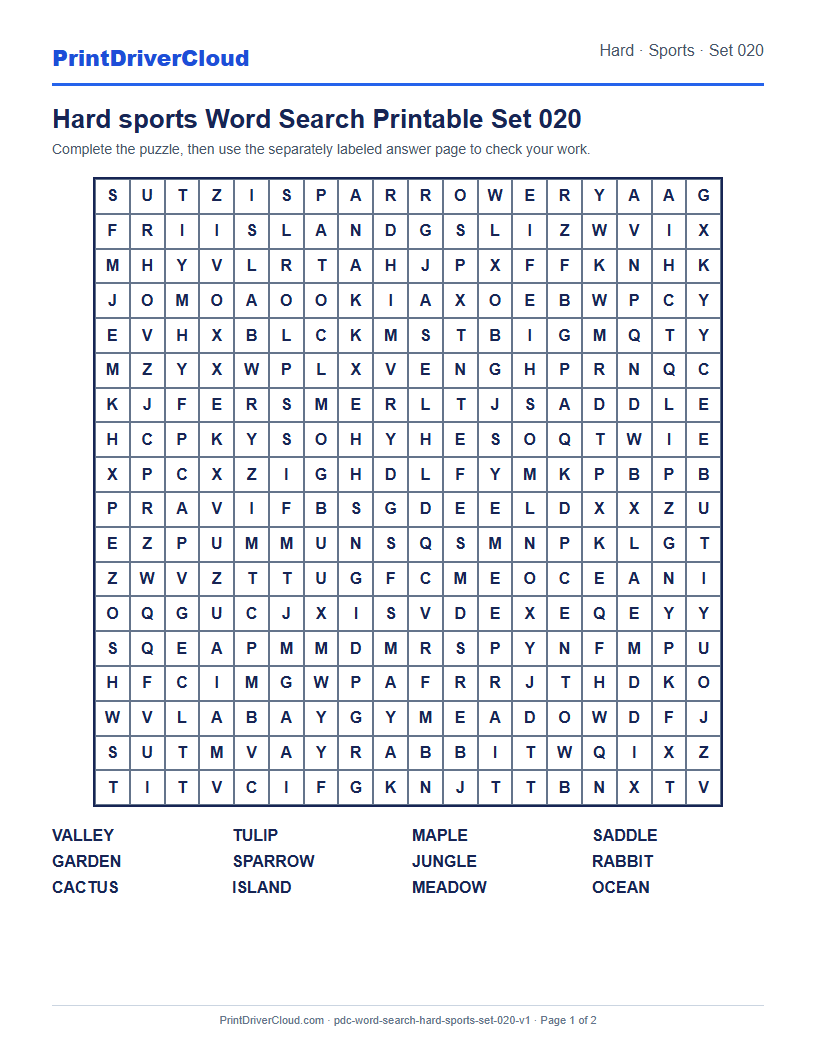 Preview of Hard sports Word Search Printable Set 020