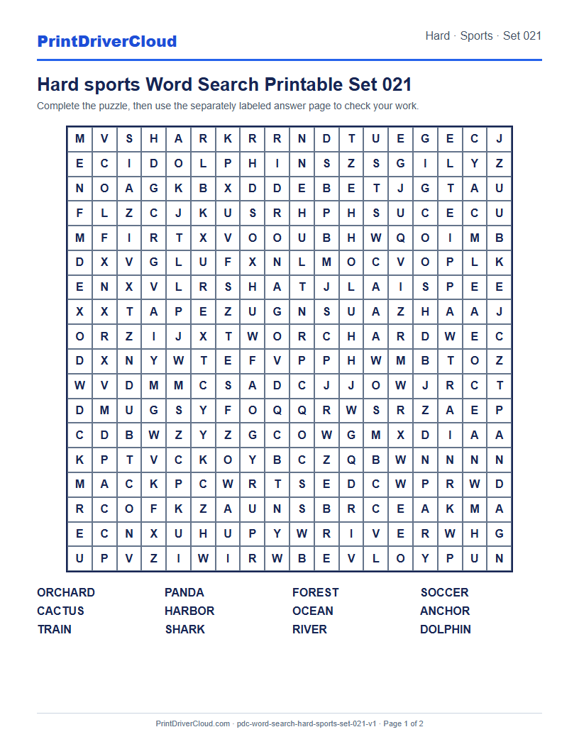 Preview of Hard sports Word Search Printable Set 021