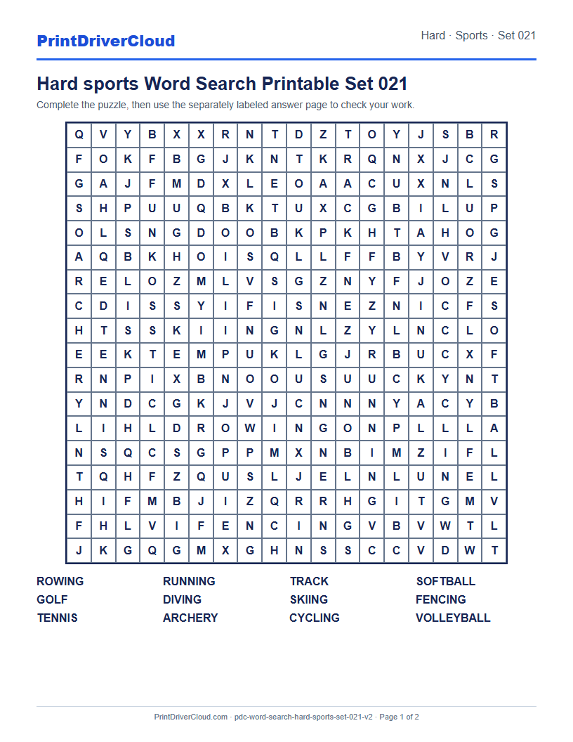 Hard Sports Word Search Printable Set 021 preview