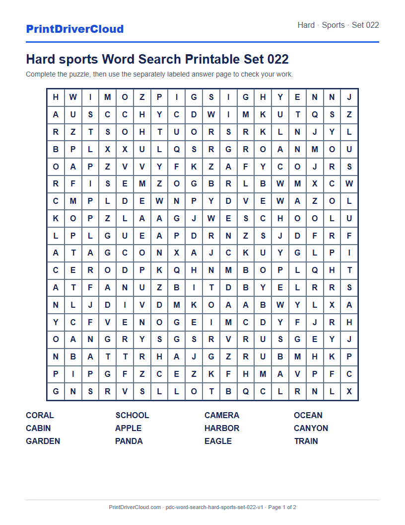 Preview of Hard sports Word Search Printable Set 022