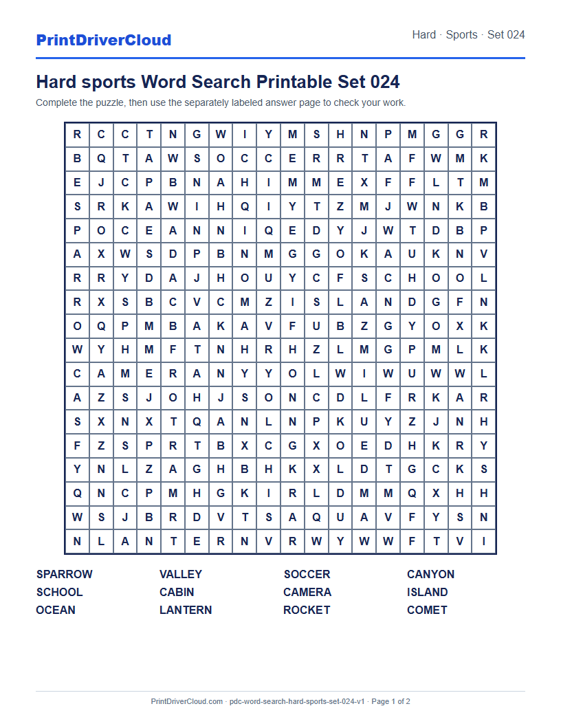 Preview of Hard sports Word Search Printable Set 024