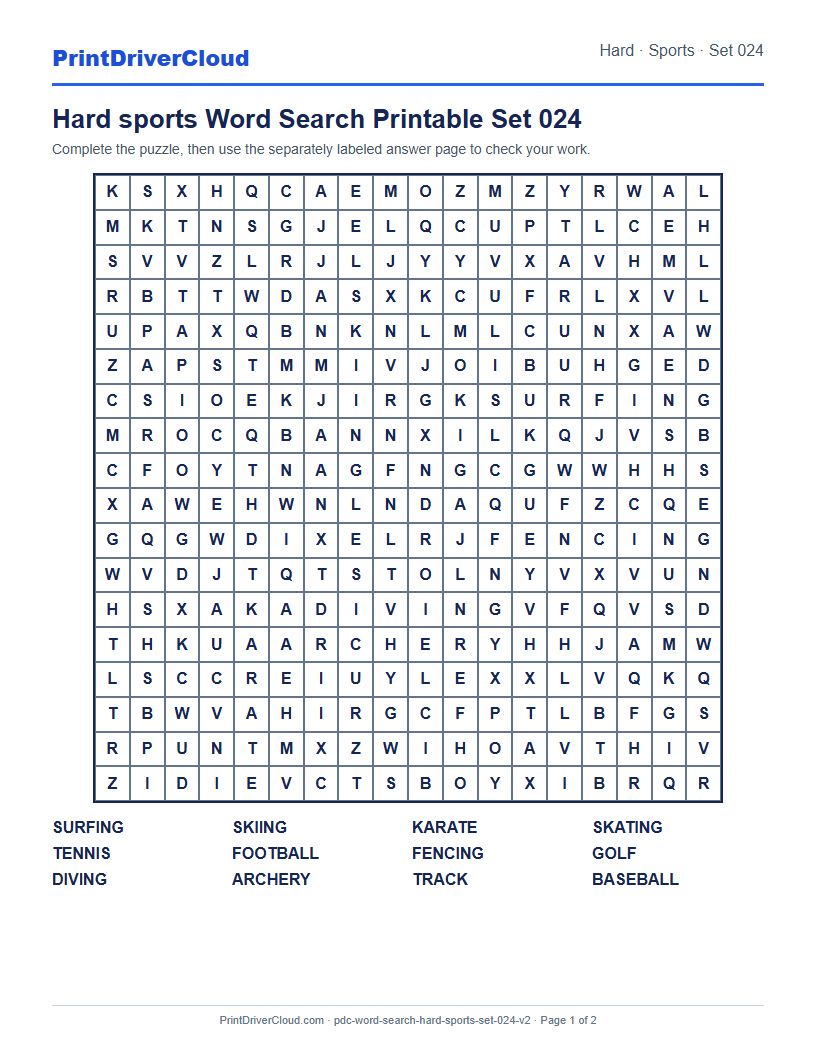 Hard Sports Word Search Printable Set 024 preview