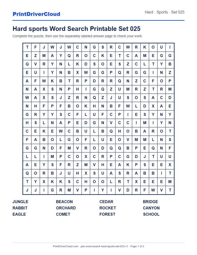 Preview of Hard sports Word Search Printable Set 025