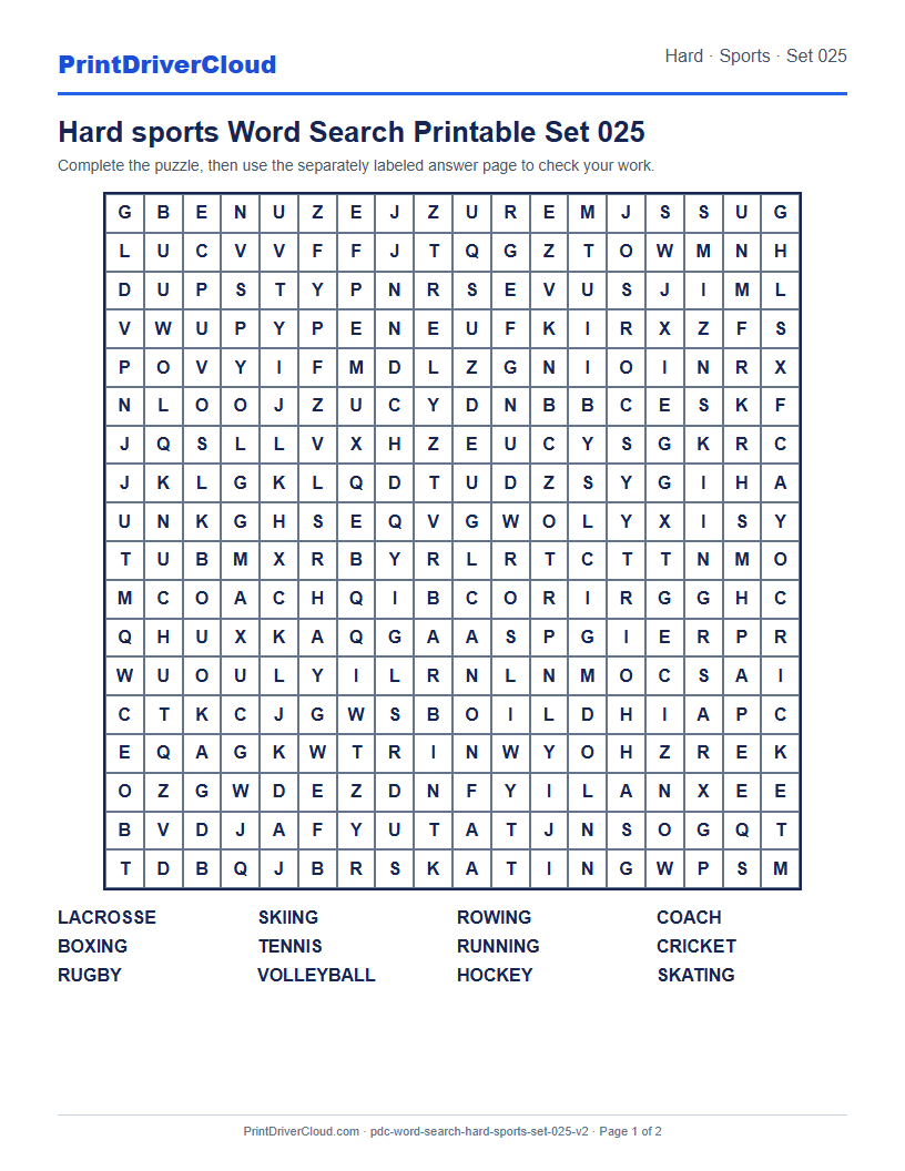 Hard Sports Word Search Printable Set 025 preview