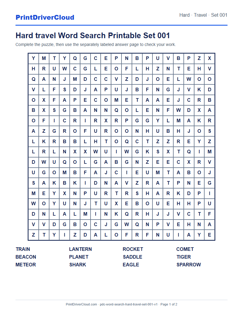 Preview of Hard travel Word Search Printable Set 001