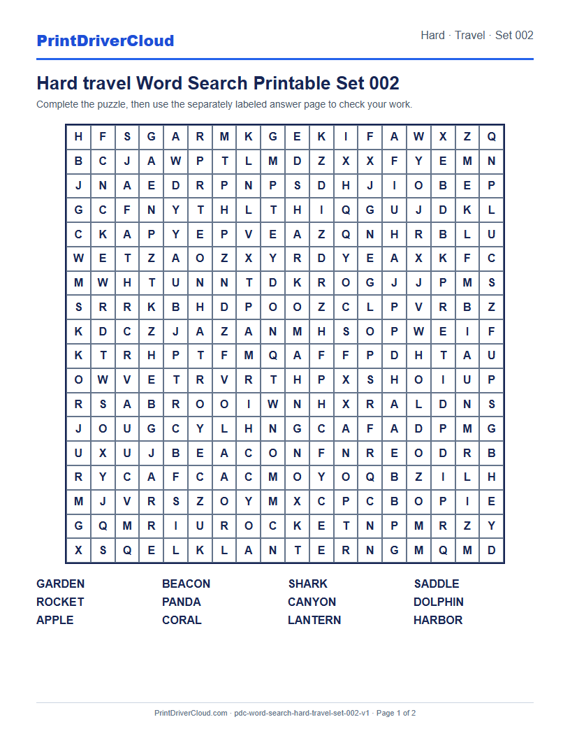 Preview of Hard travel Word Search Printable Set 002