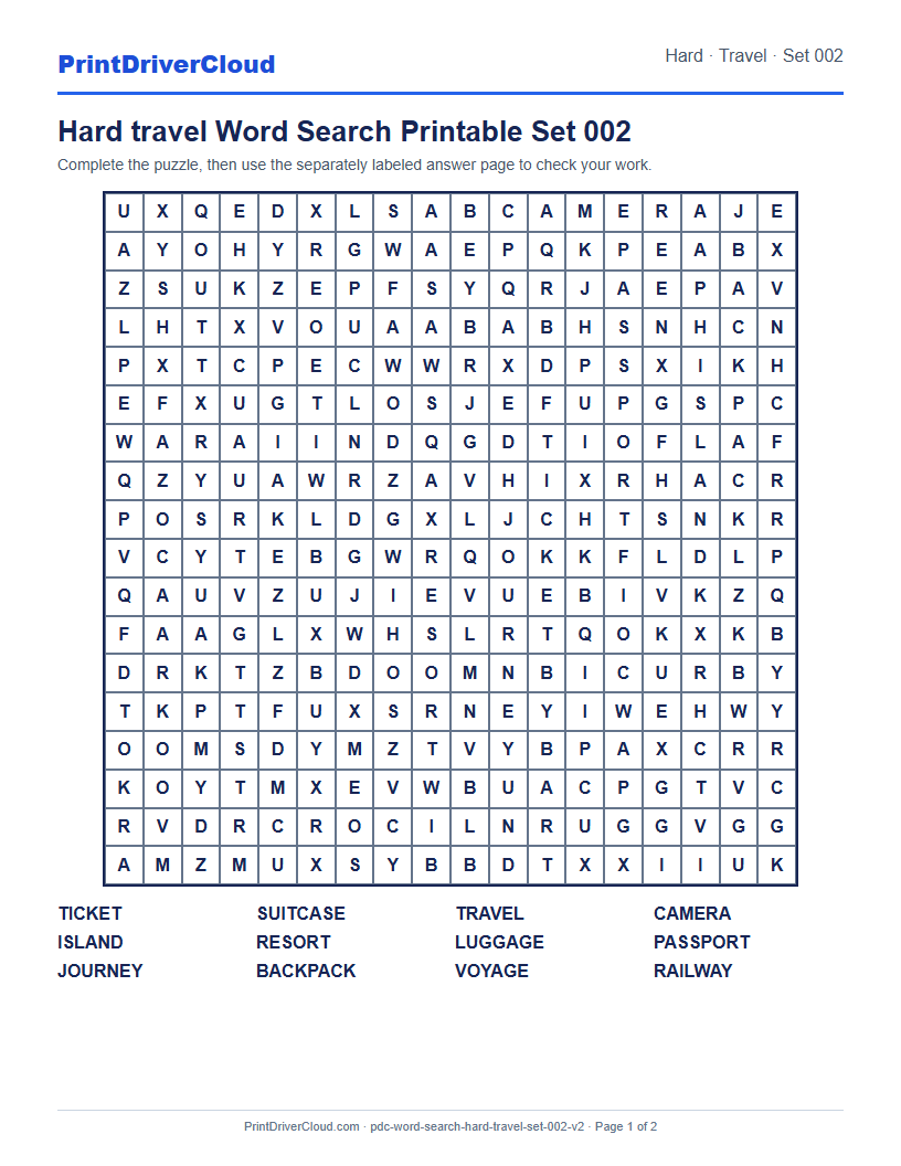 Hard Travel Word Search Printable Set 002 preview