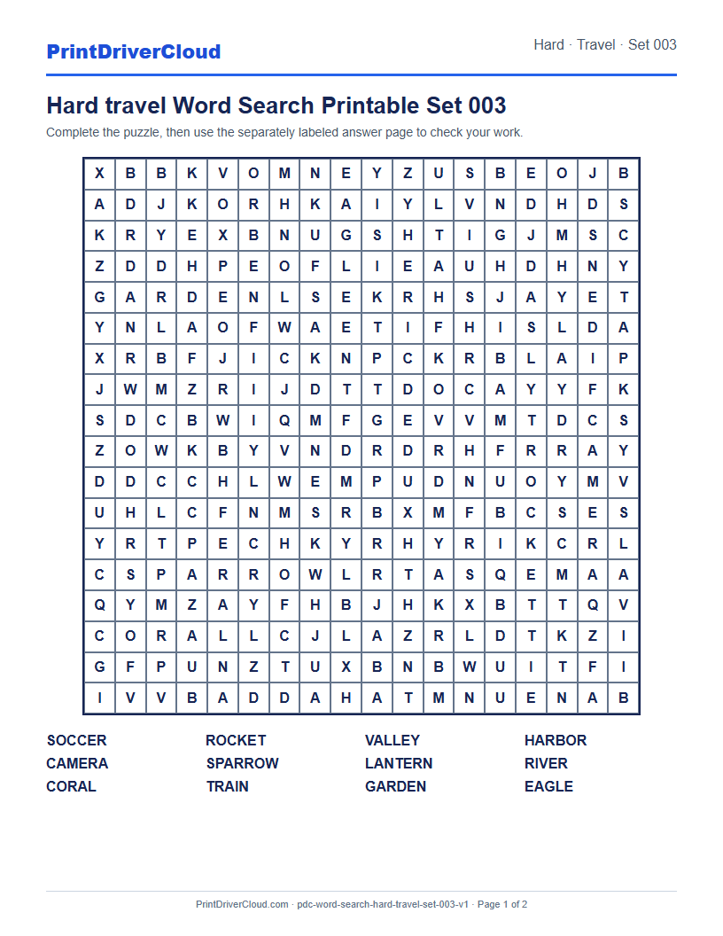 Preview of Hard travel Word Search Printable Set 003