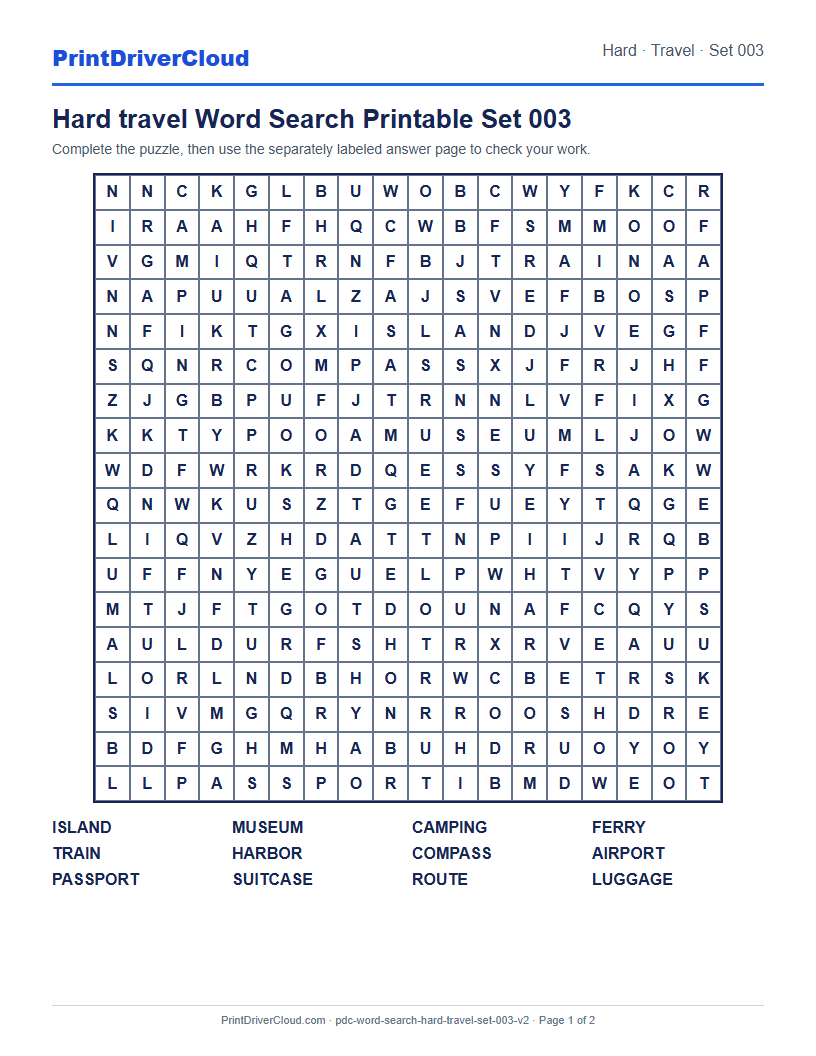 Hard Travel Word Search Printable Set 003 preview