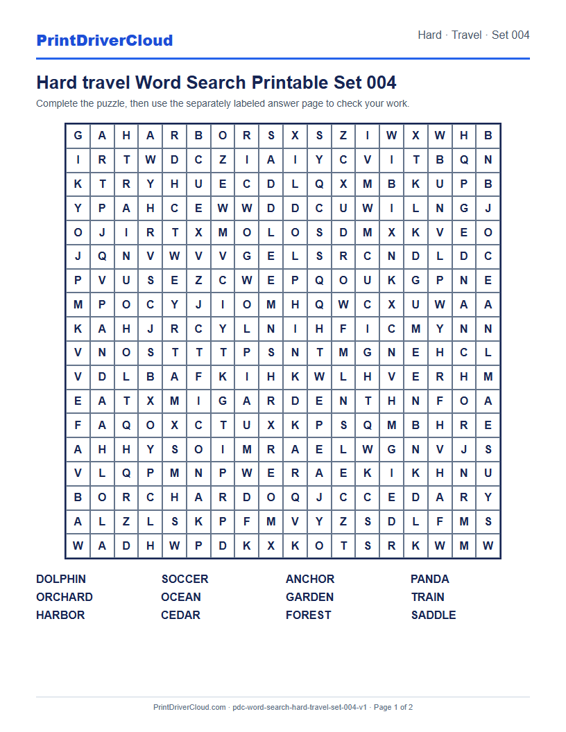 Preview of Hard travel Word Search Printable Set 004