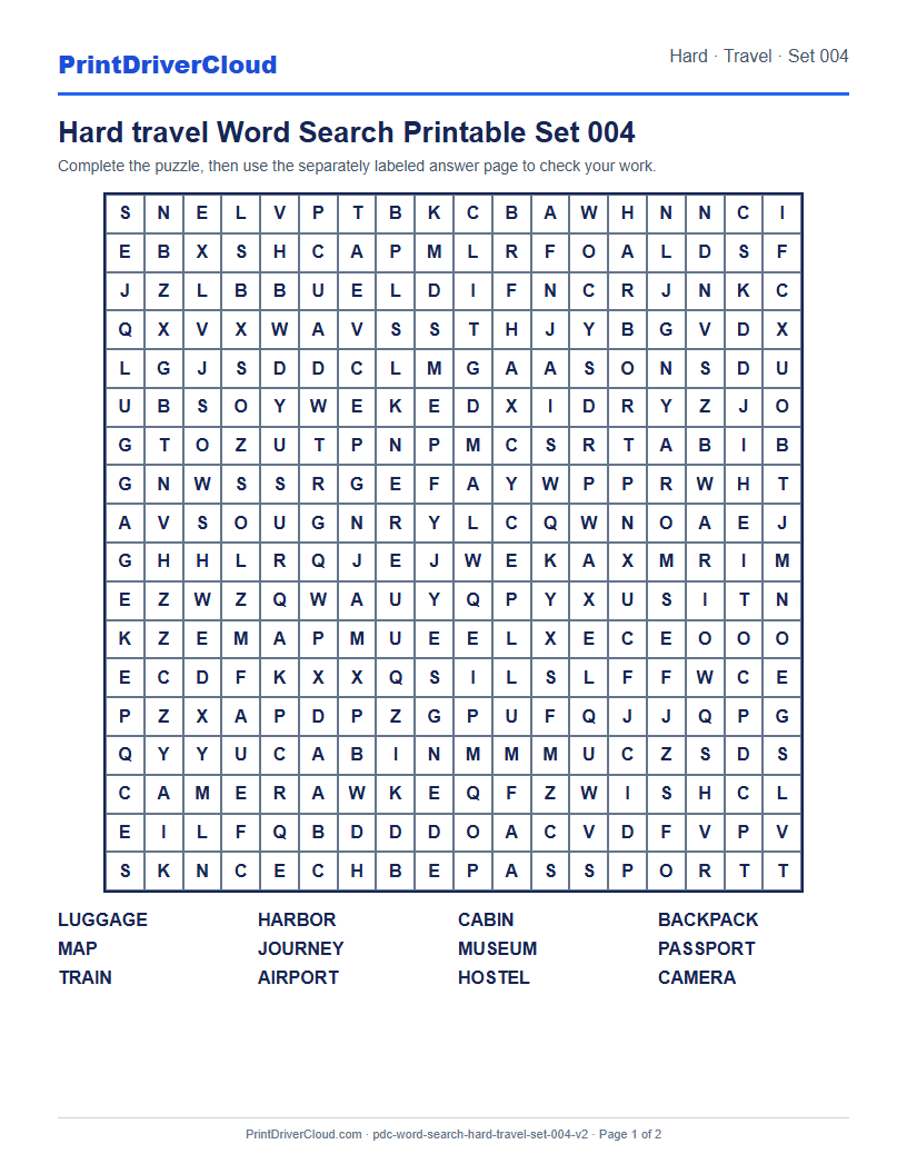 Hard Travel Word Search Printable Set 004 preview