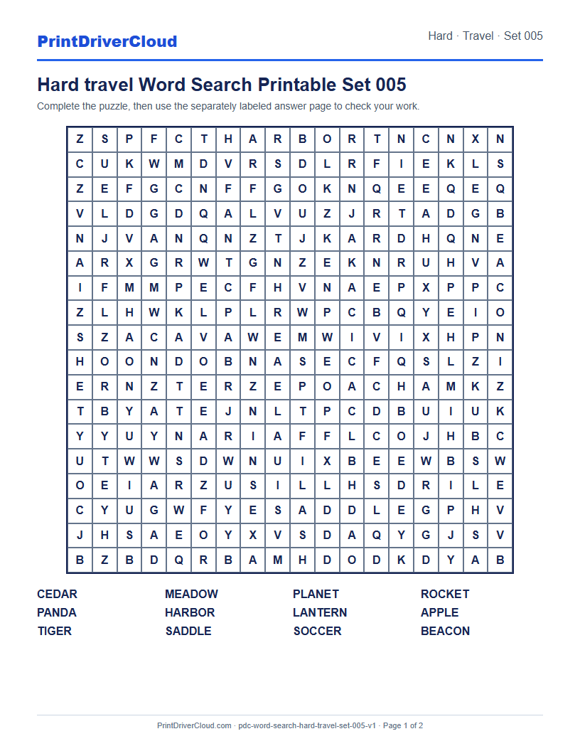 Preview of Hard travel Word Search Printable Set 005