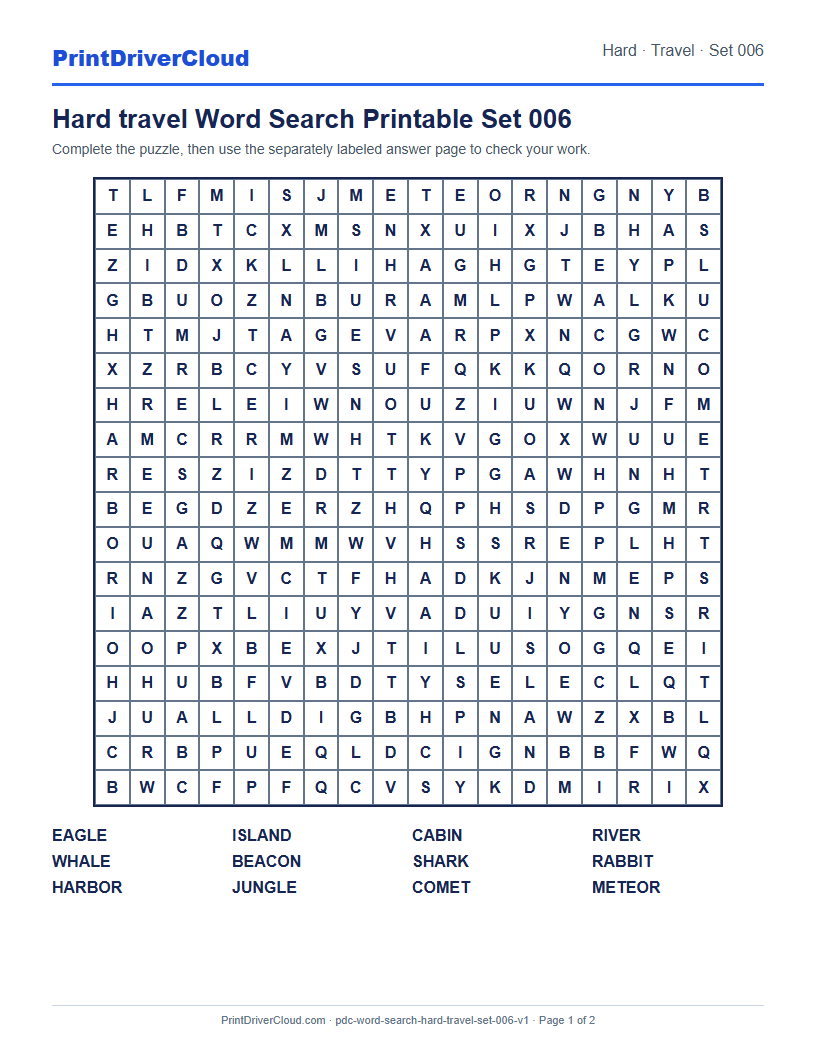 Preview of Hard travel Word Search Printable Set 006