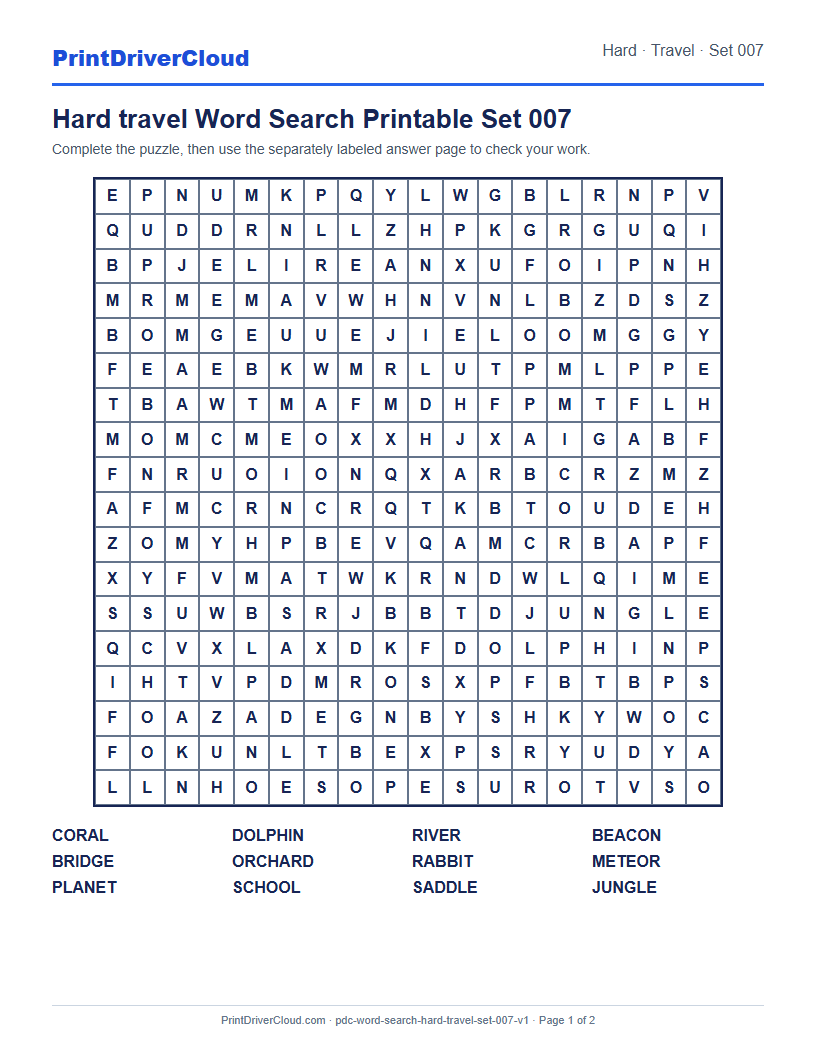Preview of Hard travel Word Search Printable Set 007
